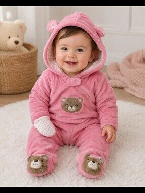 SMALL WONDERS 12M pink faux fur bear bunting suit